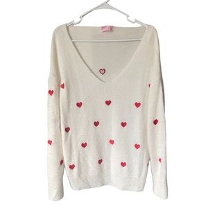Pink Lily Distant Thoughts Ivory Cream V Neck Embroidered Red Heart Sweater New